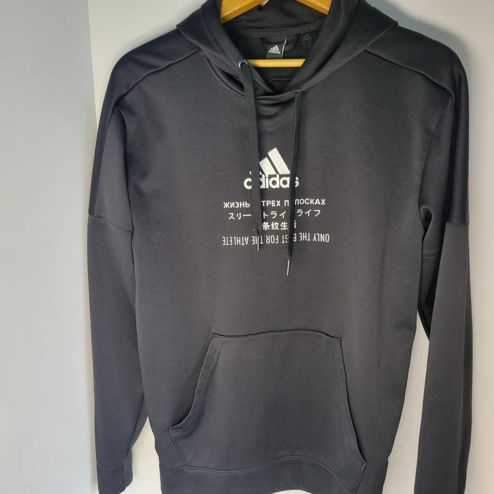 Adidas Mens Climawarm Hoodie Black Multilingual Graphic Logo Sweatshirt M